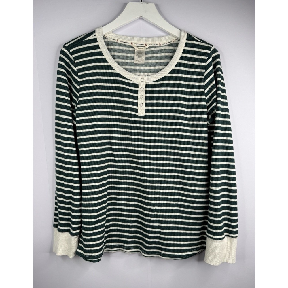 Lucky‎ Brand Womens Green White Striped Waffle Henley Size L Snap Front Thermal